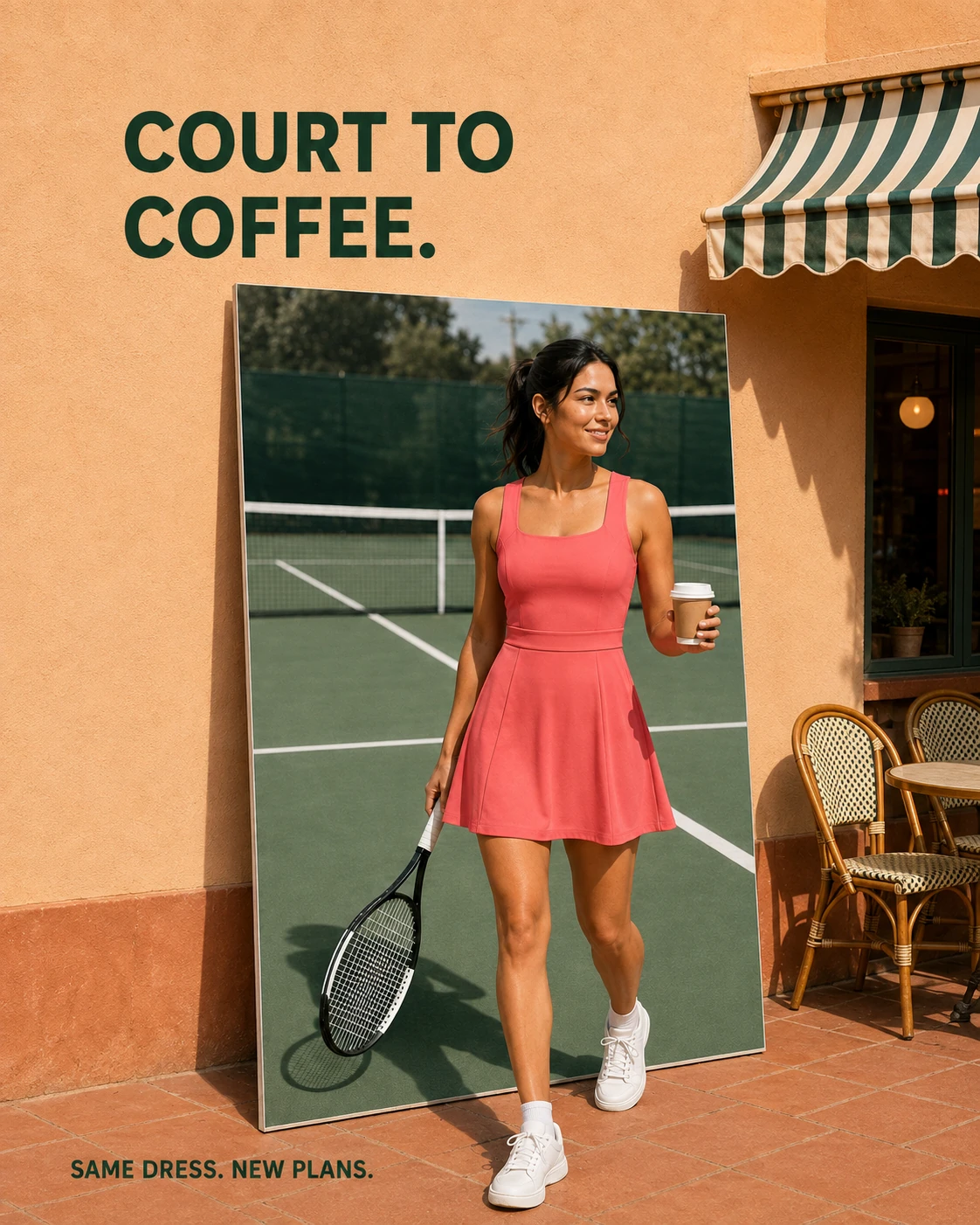 Adult model in a coral tennis dress stepping out of a court photograph into a sunny cafe scene.