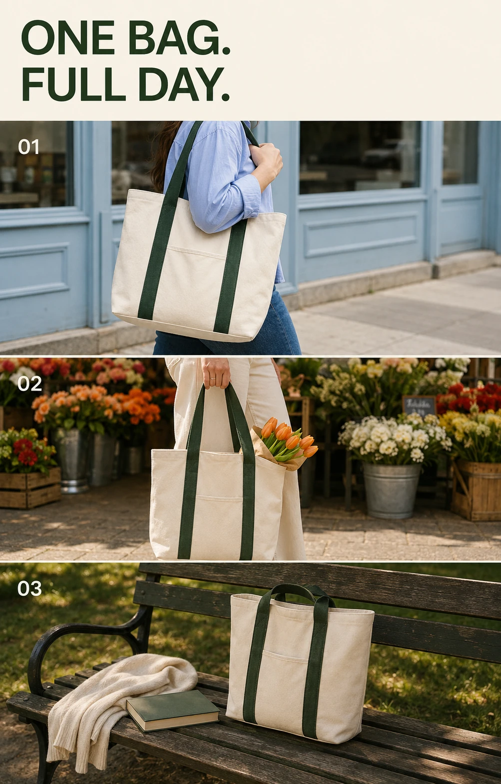 The same ivory tote with green handles across commuting, flower shopping and a park visit.