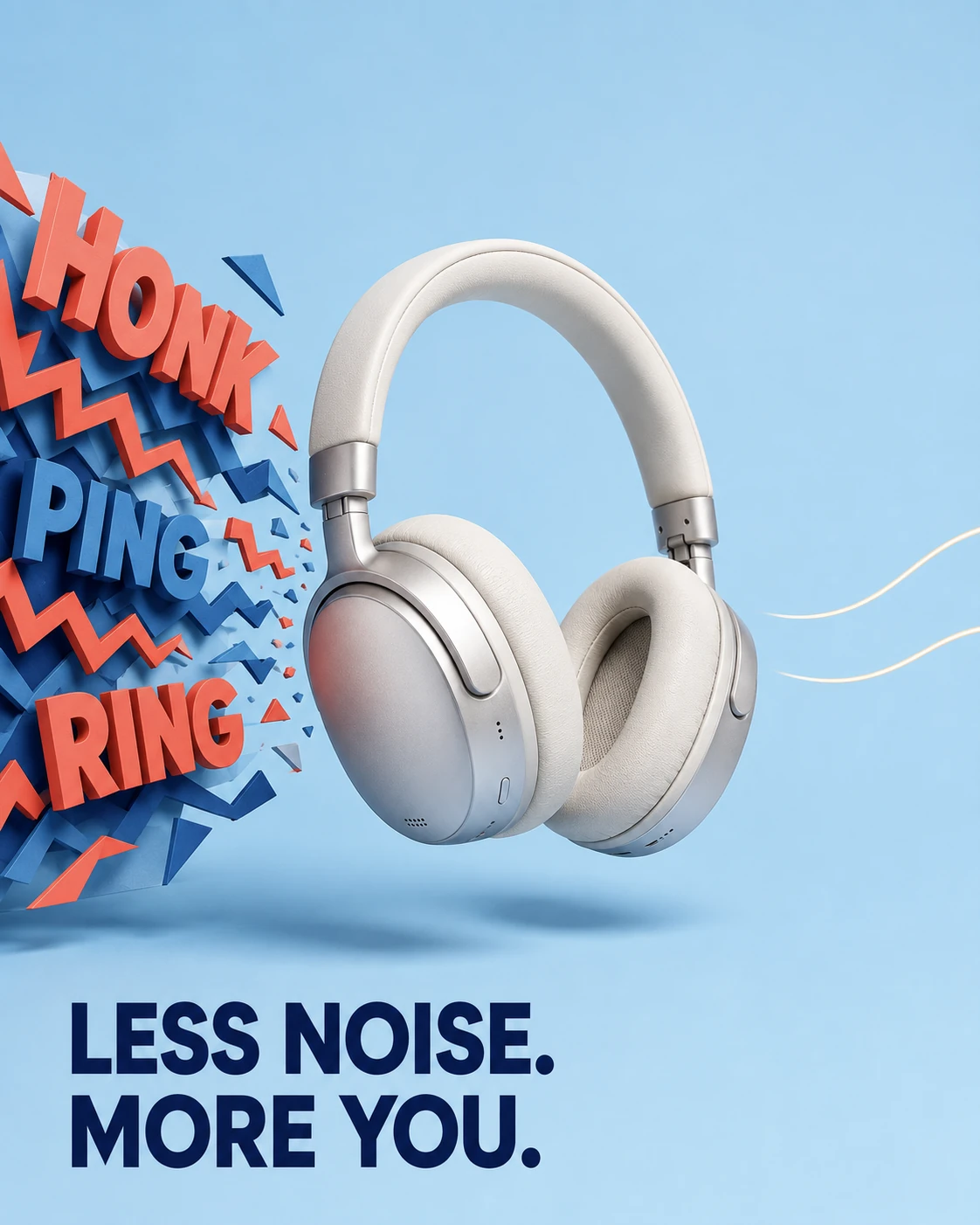 Silver headphones between dense noise word blocks and clean pale blue space.