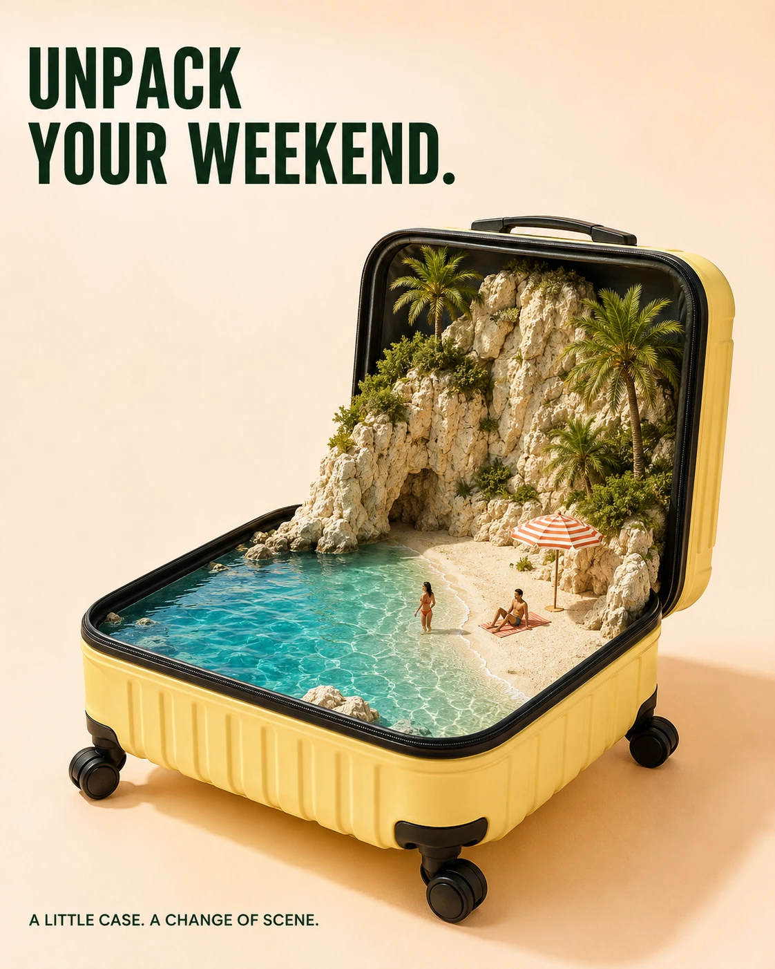 Open yellow suitcase containing a miniature blue bay and beach holiday.